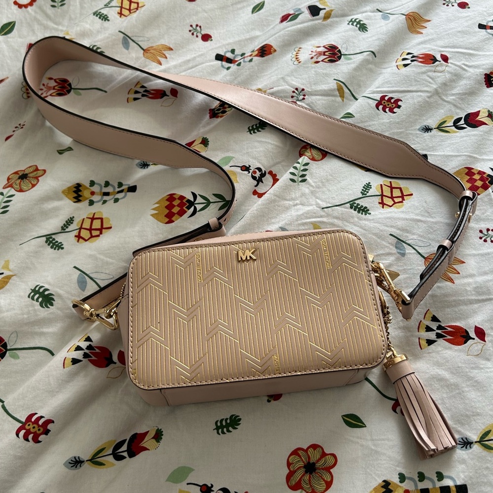 Michael Kors Metallic Art Deco Small Leather Camera Crossbody Bag Soft Pink